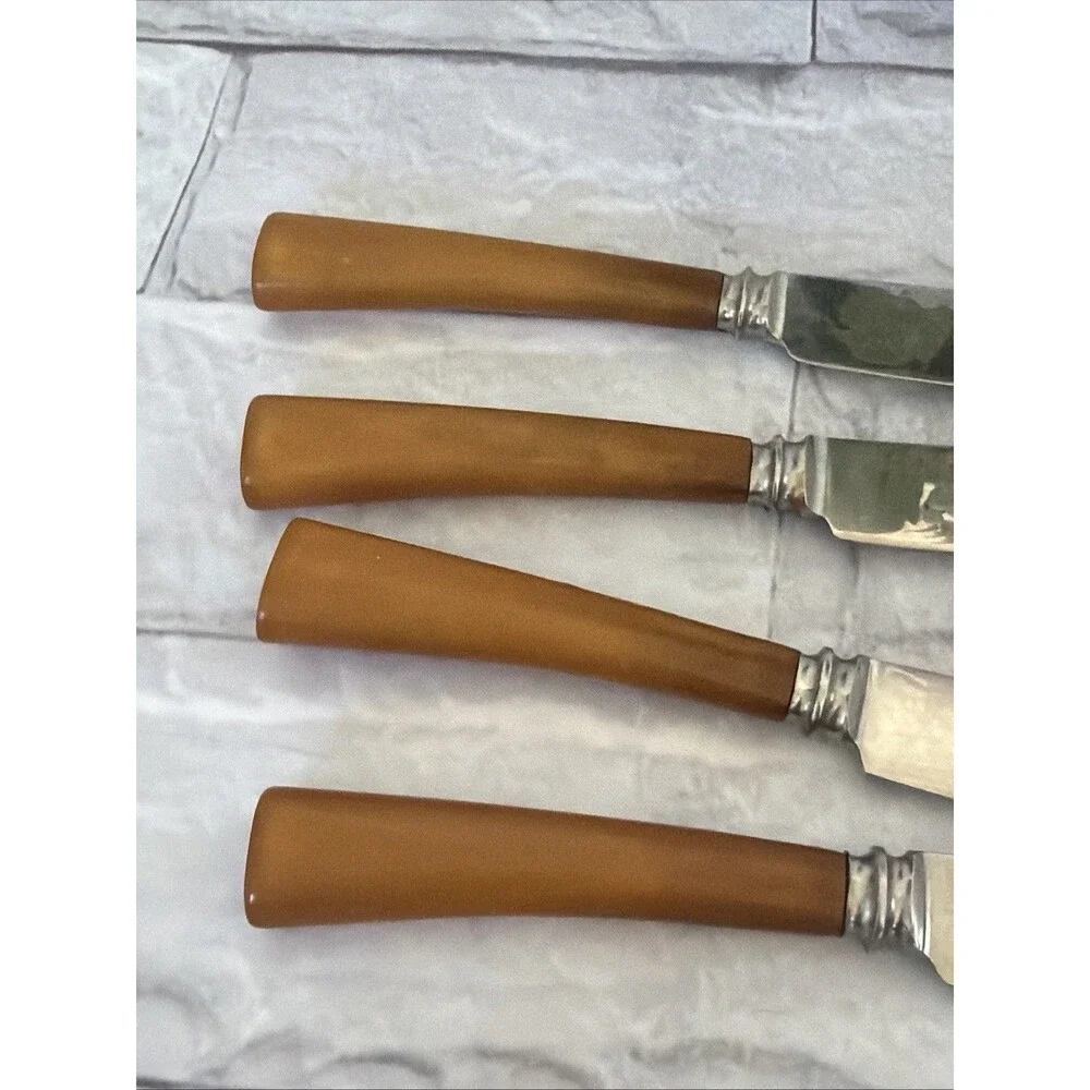 50/60’s Bakelite Butterscotch Set Of 4 Knives LATHAM & OWEN SHEFFIELD ENGLAND